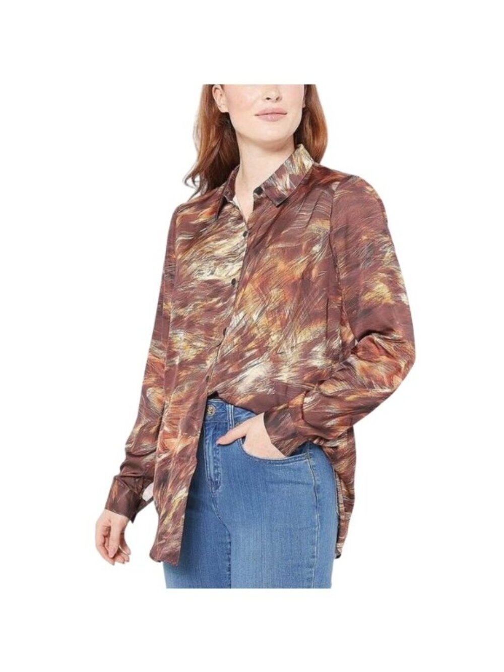 Susan Graver Big Shirt Size 4X Petite Printed Stretch Charmeuse Ginger Spice NEW